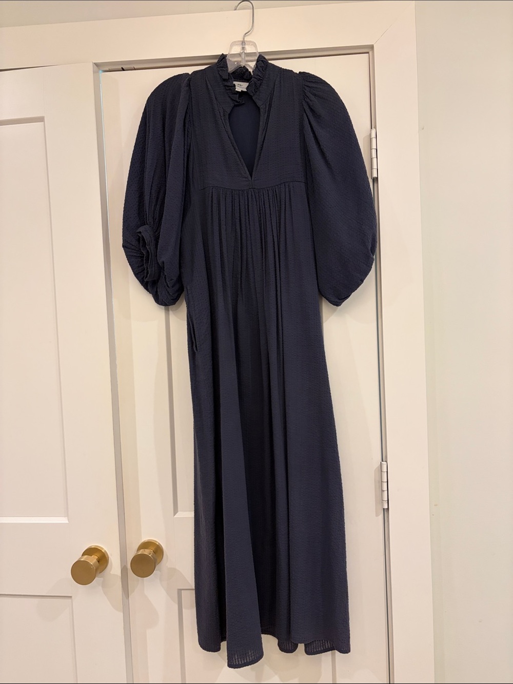 Never A Wallflower high neck midi navy seersucker lined pockets dress size XS